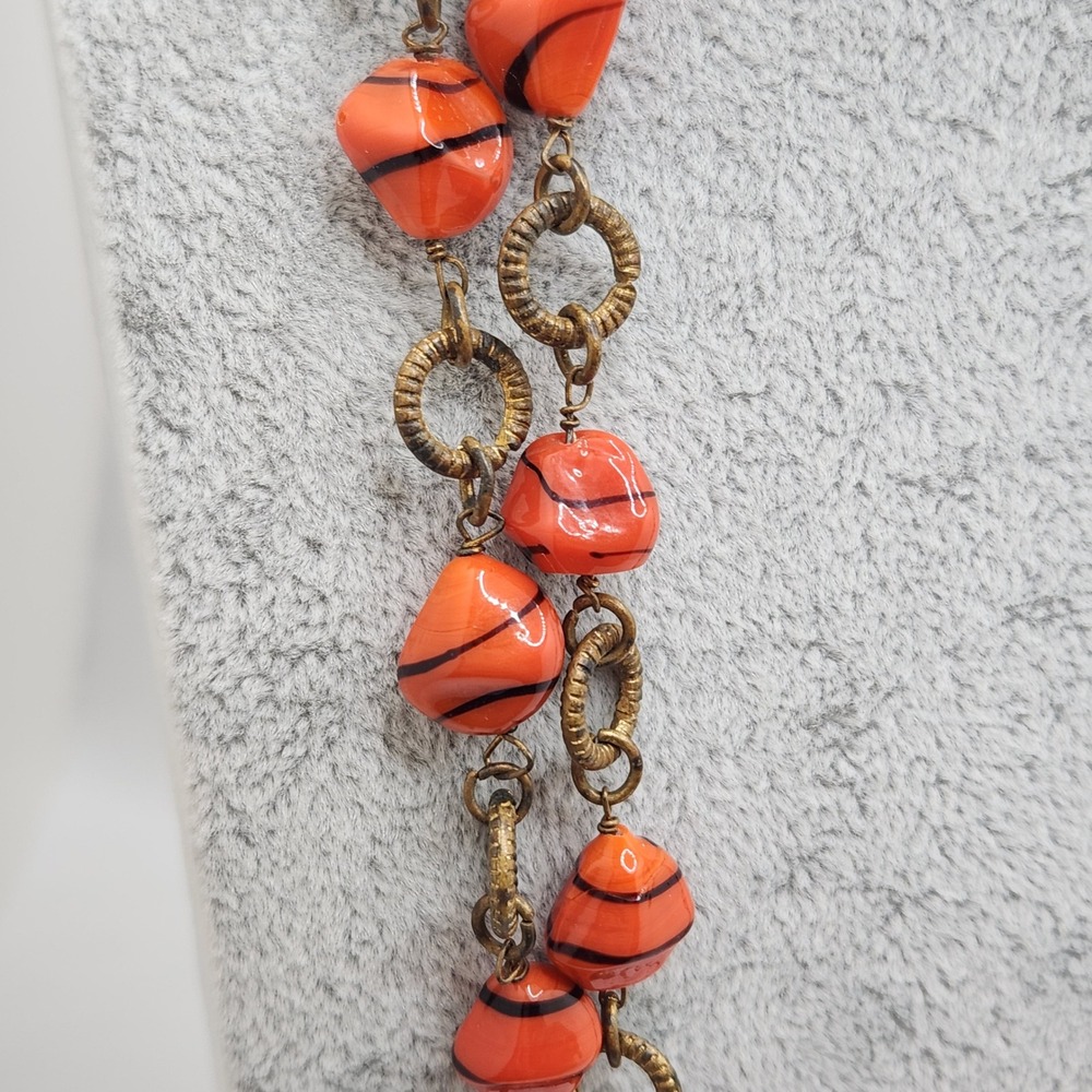 Vintage Murano Style Art Glass‎ Station Necklace Orange Black Long Beaded Retro